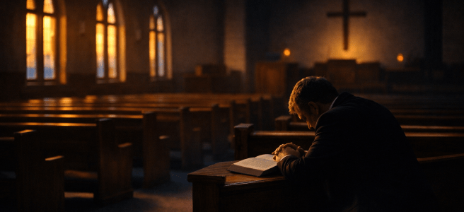 pastor in prayer empty church
